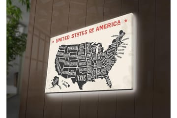 Lerretsbilde med LED-belysning 45x70 cm - Kart over USA med stater i svart-hvitt-bakgrunn - Svart / Hvit / Rød - Interiør - Maleri & posters - Lerretsbilder