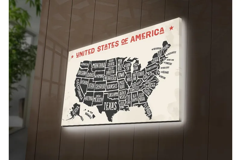 Lerretsbilde med LED-belysning 45x70 cm - Kart over USA med stater i svart-hvitt-bakgrunn - Svart / Hvit / Rød - Interiør - Maleri & posters - Lerretsbilder