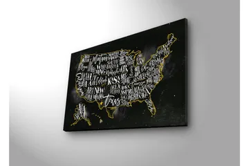 Lerretsbilde med LED-belysning 45x70 cm - Kartbilde av USA med stiliserte statsnavn - Svart / Gull - Interiør - Maleri & posters - Lerretsbilder