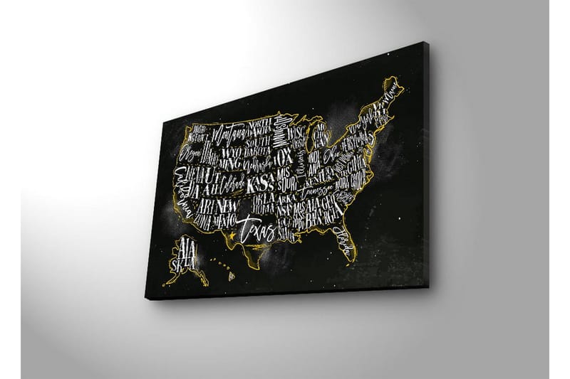 Lerretsbilde med LED-belysning 45x70 cm - Kartbilde av USA med stiliserte statsnavn - Svart / Gull - Interiør - Maleri & posters - Lerretsbilder
