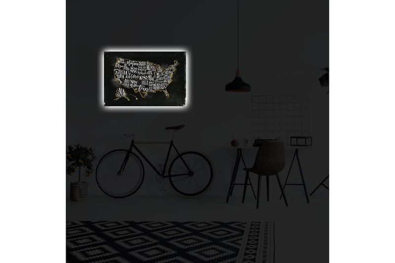 Lerretsbilde med LED-belysning 45x70 cm - Kartbilde av USA med stiliserte statsnavn - Svart / Gull - Interiør - Maleri & posters - Lerretsbilder