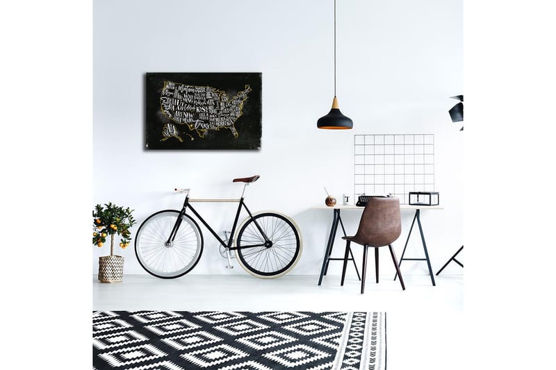 Lerretsbilde med LED-belysning 45x70 cm - Kartbilde av USA med stiliserte statsnavn - Svart / Gull - Interiør - Maleri & posters - Lerretsbilder