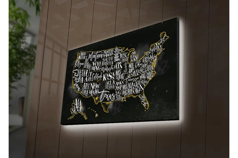 Lerretsbilde med LED-belysning 45x70 cm - Kartbilde av USA med stiliserte statsnavn - Svart / Gull - Interiør - Maleri & posters - Lerretsbilder