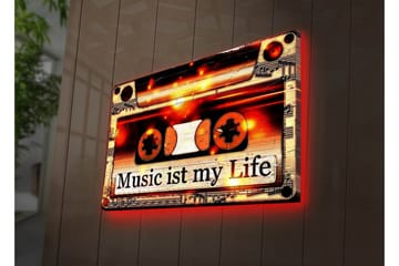 Lerretsbilde med LED-belysning 45x70 cm - Kassettbånd med teksten Music ist my Life - Svart / Oransje / Hvit - Interiør - Maleri & posters - Lerretsbilder