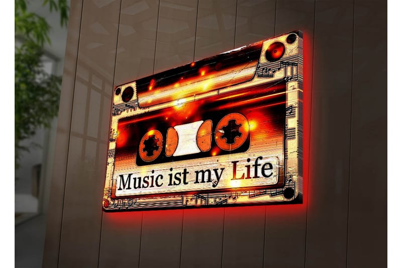 Lerretsbilde med LED-belysning 45x70 cm - Kassettbånd med teksten Music ist my Life, Svart / Oransje / Hvit