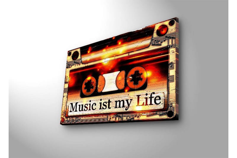 Lerretsbilde med LED-belysning 45x70 cm - Kassettbånd med teksten Music ist my Life - Svart / Oransje / Hvit - Interiør - Maleri & posters - Lerretsbilder