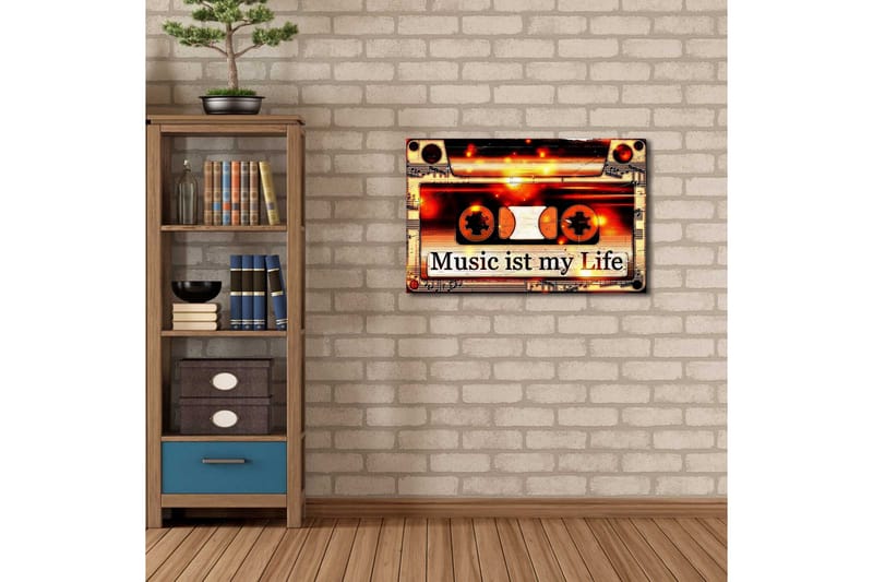 Lerretsbilde med LED-belysning 45x70 cm - Kassettbånd med teksten Music ist my Life - Svart / Oransje / Hvit - Interiør - Maleri & posters - Lerretsbilder