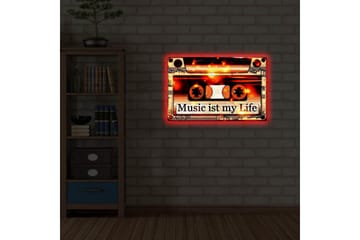 Lerretsbilde med LED-belysning 45x70 cm - Kassettbånd med teksten Music ist my Life - Svart / Oransje / Hvit - Interiør - Maleri & posters - Lerretsbilder
