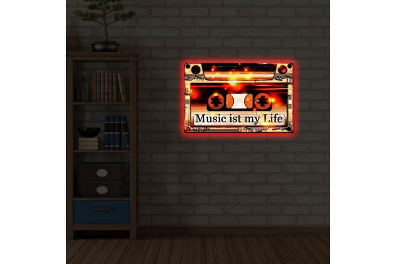 Lerretsbilde med LED-belysning 45x70 cm - Kassettbånd med teksten Music ist my Life - Svart / Oransje / Hvit - Interiør - Maleri & posters - Lerretsbilder
