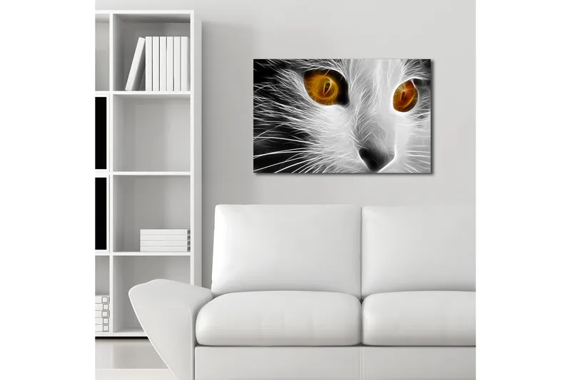 Lerretsbilde med LED-belysning 45x70 cm - Katteansikt med intense øyne - Hvit / Svart / Oransje - Interiør - Maleri & posters - Lerretsbilder
