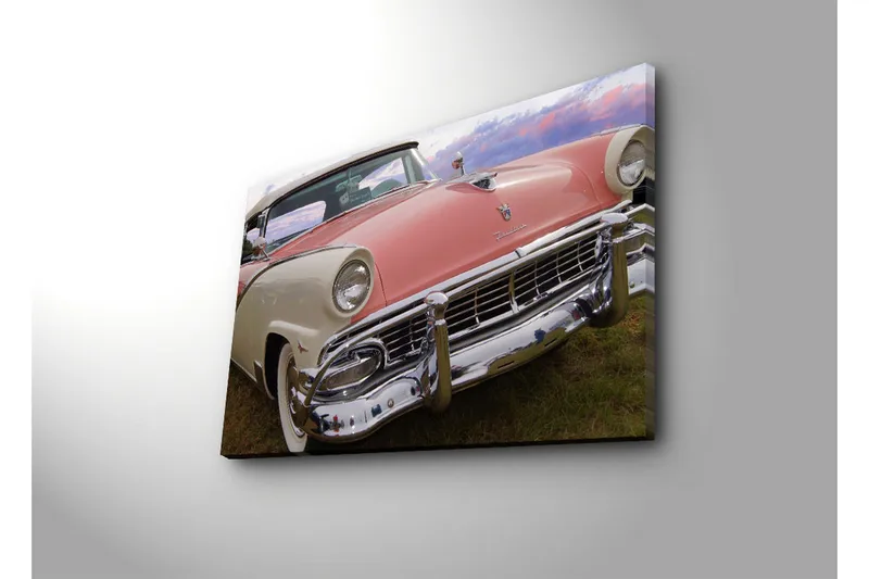 Lerretsbilde med LED-belysning 45x70 cm - Klassisk bil med retrodesign i pastellfarger - Rosa / Hvit / Krom - Interiør - Maleri & posters - Lerretsbilder