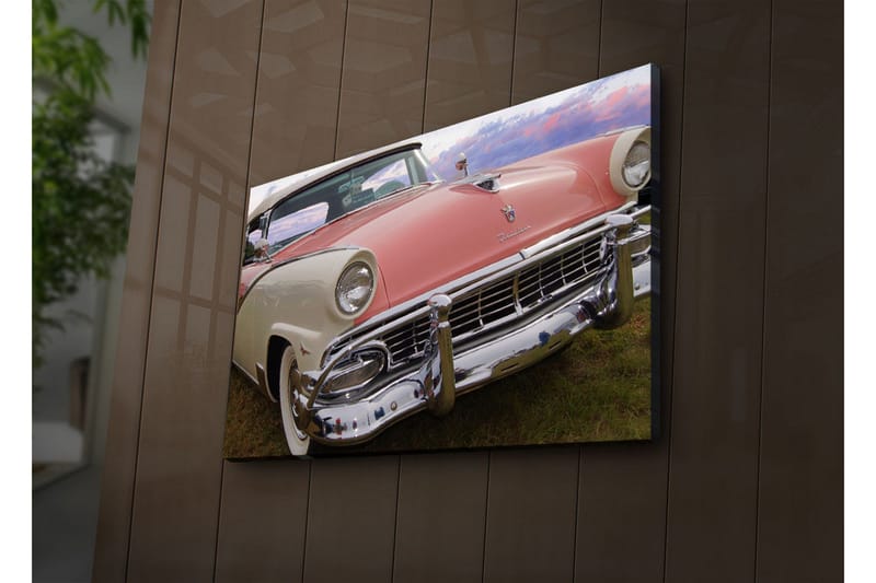Lerretsbilde med LED-belysning 45x70 cm - Klassisk bil med retrodesign i pastellfarger - Rosa / Hvit / Krom - Interiør - Maleri & posters - Lerretsbilder