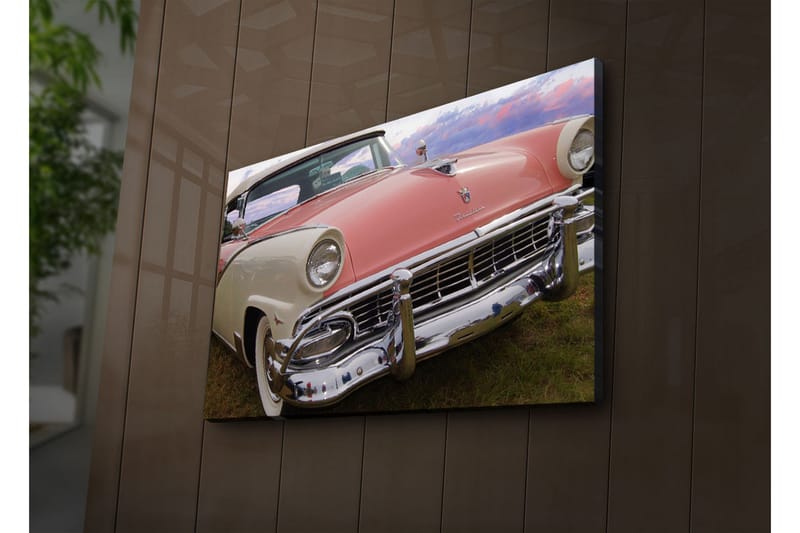 Lerretsbilde med LED-belysning 45x70 cm - Klassisk bil med retrodesign i pastellfarger - Rosa / Hvit / Krom - Interiør - Maleri & posters - Lerretsbilder