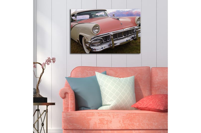 Lerretsbilde med LED-belysning 45x70 cm - Klassisk bil med retrodesign i pastellfarger - Rosa / Hvit / Krom - Interiør - Maleri & posters - Lerretsbilder