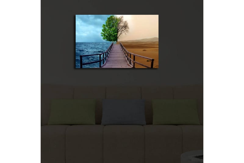 Lerretsbilde med LED-belysning 45x70 cm - Kontrast mellom en frodig trelinje og et ørkenlandskap - Grønn / Blå / Beige - Interiør - Maleri & posters - Lerretsbilder