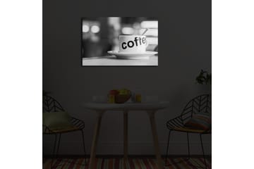 Lerretsbilde med LED-belysning 45x70 cm - Kopp med teksten coffee på en tallerken - Hvit / Svart - Interiør - Maleri & posters - Lerretsbilder