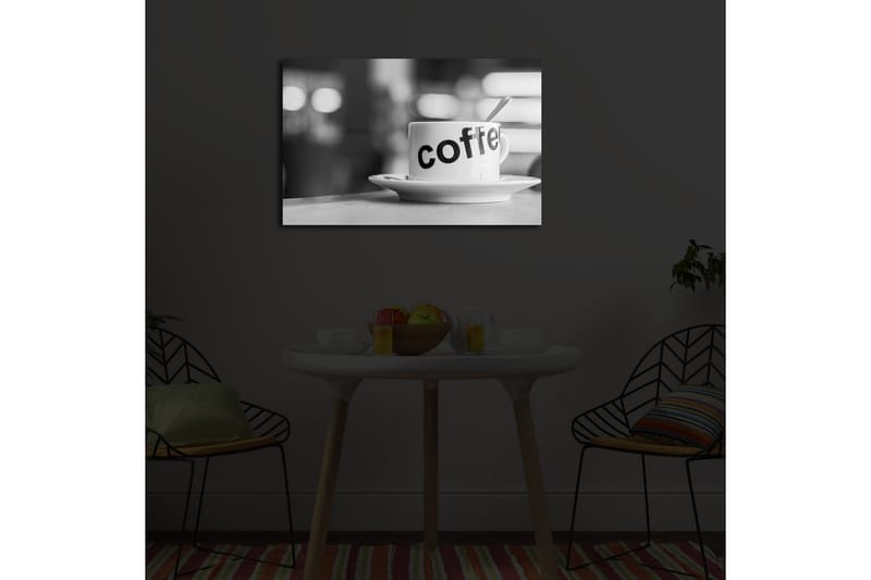 Lerretsbilde med LED-belysning 45x70 cm - Kopp med teksten coffee på en tallerken - Hvit / Svart - Interiør - Maleri & posters - Lerretsbilder