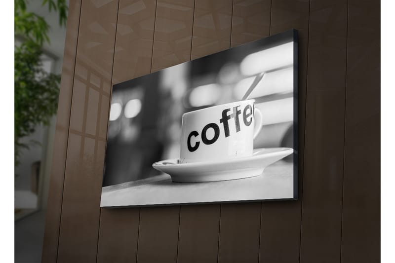 Lerretsbilde med LED-belysning 45x70 cm - Kopp med teksten coffee på en tallerken, Hvit / Svart
