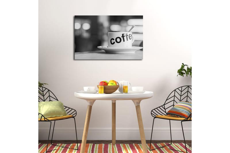 Lerretsbilde med LED-belysning 45x70 cm - Kopp med teksten coffee på en tallerken - Hvit / Svart - Interiør - Maleri & posters - Lerretsbilder