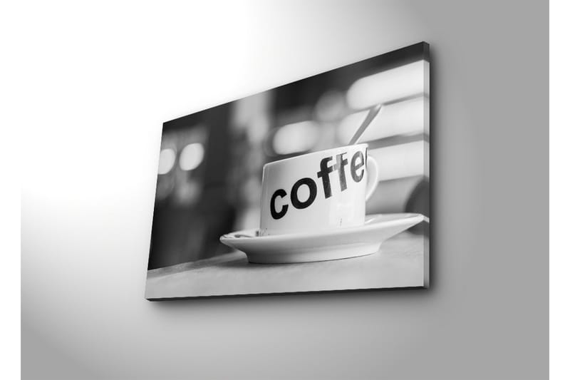 Lerretsbilde med LED-belysning 45x70 cm - Kopp med teksten coffee på en tallerken - Hvit / Svart - Interiør - Maleri & posters - Lerretsbilder