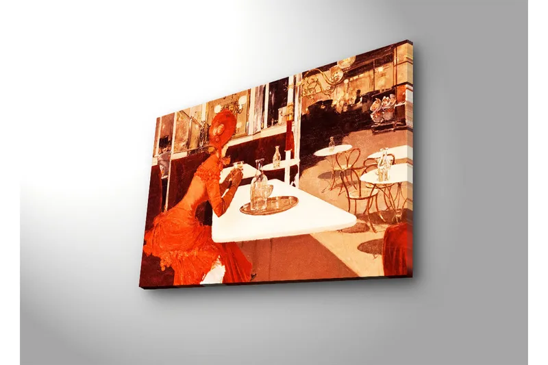 Lerretsbilde med LED-belysning 45x70 cm - Kvinne i rød kjole sitter ved et kafébord - Rød / Beige / Brun - Interiør - Maleri & posters - Lerretsbilder