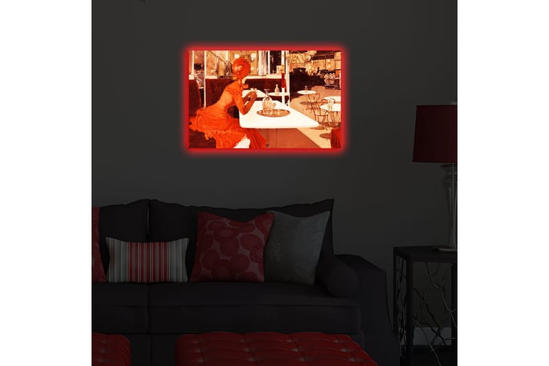Lerretsbilde med LED-belysning 45x70 cm - Kvinne i rød kjole sitter ved et kafébord - Rød / Beige / Brun - Interiør - Maleri & posters - Lerretsbilder