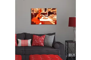 Lerretsbilde med LED-belysning 45x70 cm - Kvinne i rød kjole sitter ved et kafébord - Rød / Beige / Brun - Interiør - Maleri & posters - Lerretsbilder