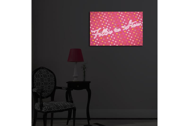 Lerretsbilde med LED-belysning 45x70 cm - Leken komposisjon med stjerner og teksten Follow the Stars - Rosa / Gul / Hvit - Interiør - Maleri & posters - Lerretsbilder