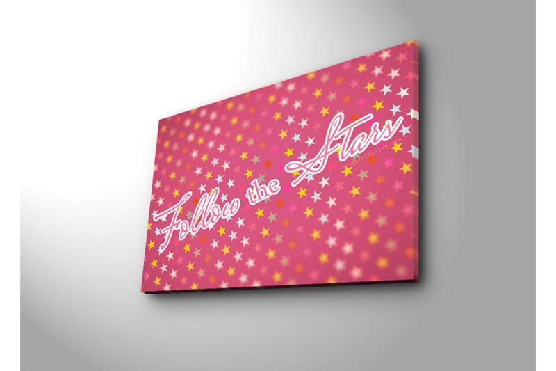 Lerretsbilde med LED-belysning 45x70 cm - Leken komposisjon med stjerner og teksten Follow the Stars - Rosa / Gul / Hvit - Interiør - Maleri & posters - Lerretsbilder