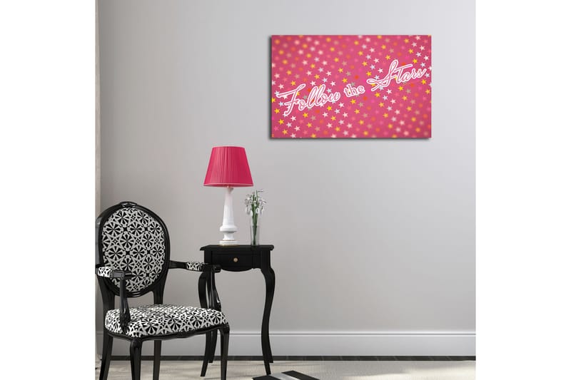 Lerretsbilde med LED-belysning 45x70 cm - Leken komposisjon med stjerner og teksten Follow the Stars - Rosa / Gul / Hvit - Interiør - Maleri & posters - Lerretsbilder