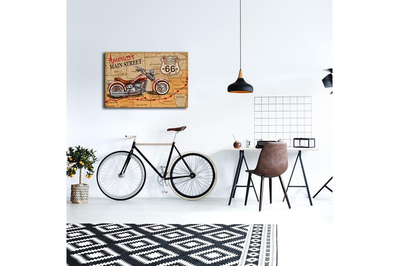 Lerretsbilde med LED-belysning 45x70 cm - Motorsykkel på et kart over Route 66 - Rød / Brun / Beige - Interiør - Maleri & posters - Lerretsbilder