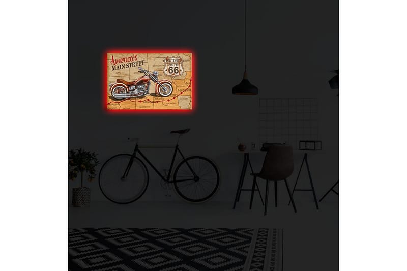 Lerretsbilde med LED-belysning 45x70 cm - Motorsykkel på et kart over Route 66 - Rød / Brun / Beige - Interiør - Maleri & posters - Lerretsbilder