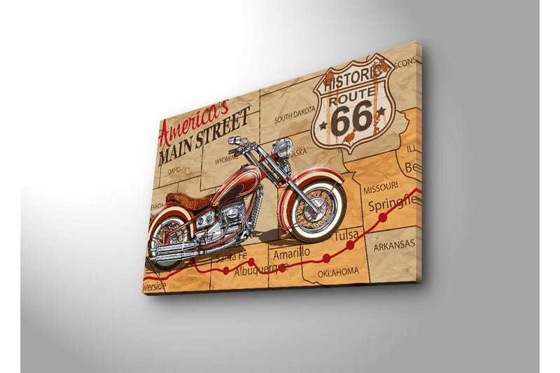 Lerretsbilde med LED-belysning 45x70 cm - Motorsykkel på et kart over Route 66 - Rød / Brun / Beige - Interiør - Maleri & posters - Lerretsbilder