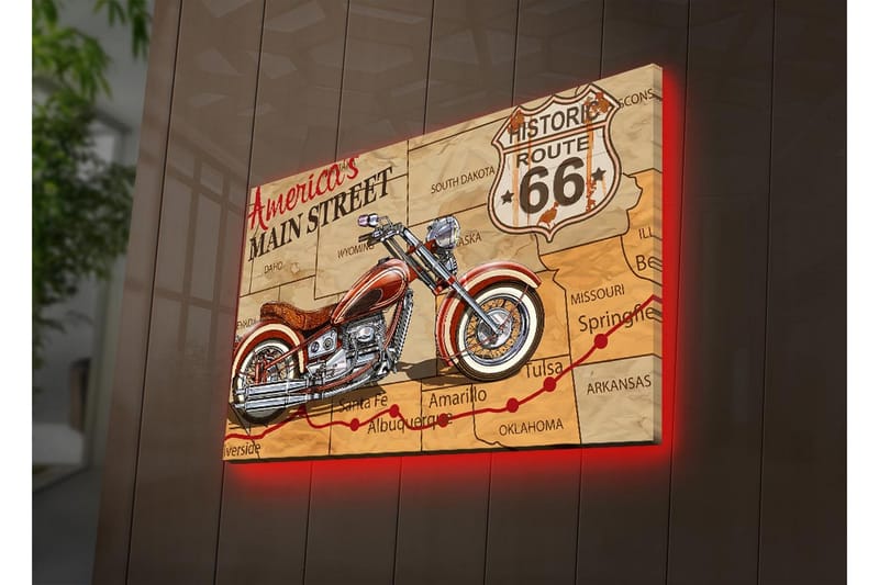 Lerretsbilde med LED-belysning 45x70 cm - Motorsykkel på et kart over Route 66 - Rød / Brun / Beige - Interiør - Maleri & posters - Lerretsbilder
