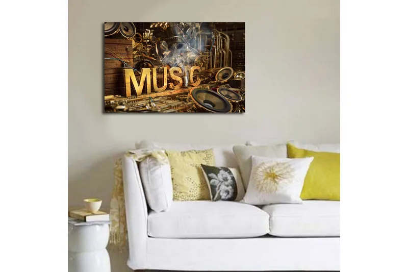 Lerretsbilde med LED-belysning 45x70 cm - Musikalsk kollasj med instrumenter og høyttalere - Gull / Brun / Svart - Interiør - Maleri & posters - Lerretsbilder