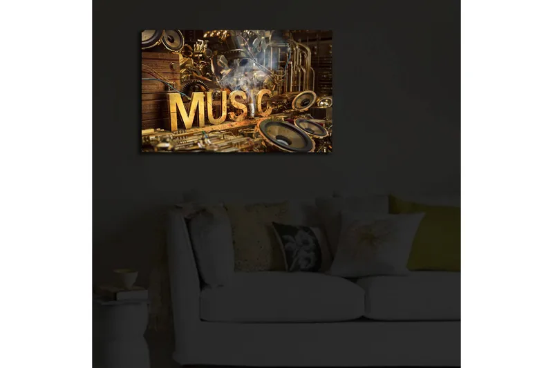 Lerretsbilde med LED-belysning 45x70 cm - Musikalsk kollasj med instrumenter og høyttalere - Gull / Brun / Svart - Interiør - Maleri & posters - Lerretsbilder