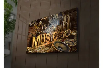 Lerretsbilde med LED-belysning 45x70 cm - Musikalsk kollasj med instrumenter og høyttalere - Gull / Brun / Svart - Interiør - Maleri & posters - Lerretsbilder
