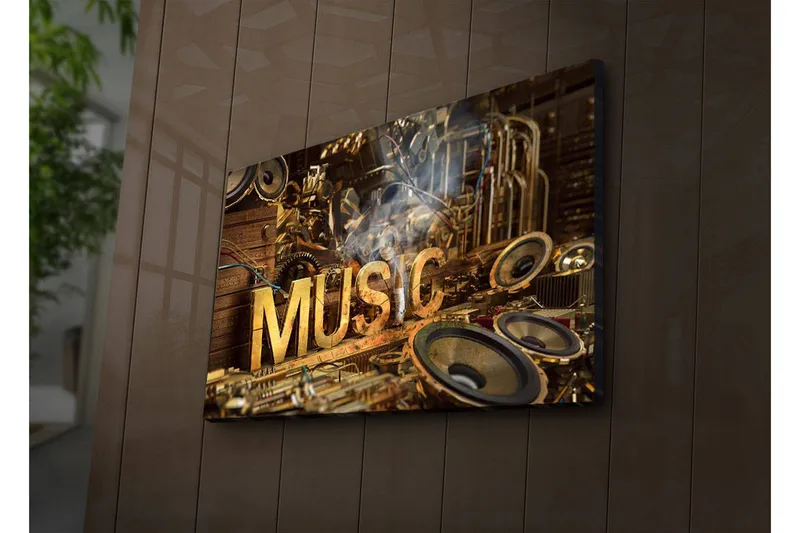 Lerretsbilde med LED-belysning 45x70 cm - Musikalsk kollasj med instrumenter og høyttalere, Gull / Brun / Svart