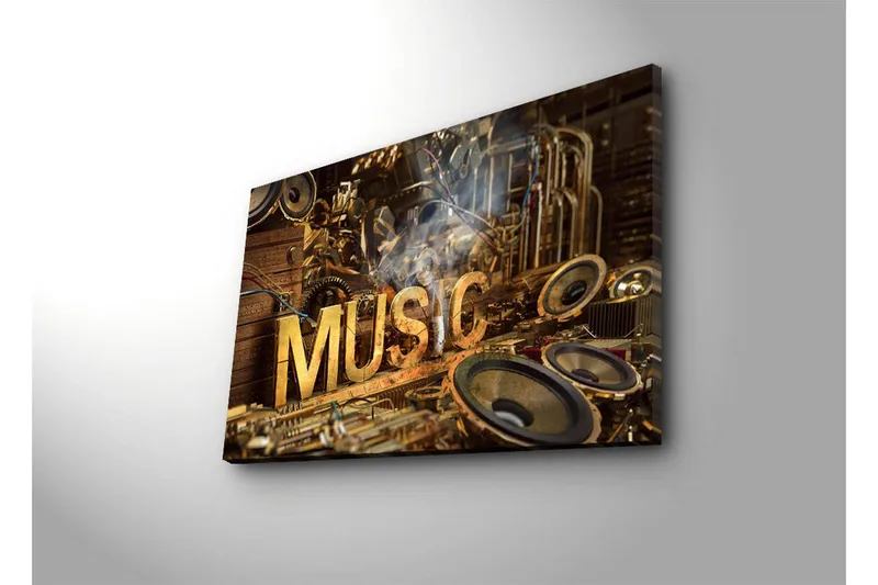 Lerretsbilde med LED-belysning 45x70 cm - Musikalsk kollasj med instrumenter og høyttalere - Gull / Brun / Svart - Interiør - Maleri & posters - Lerretsbilder