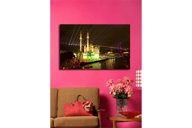 Lerretsbilde med LED-belysning 45x70 cm - Nattlig bybilde med en opplyst moské og broer - Grønn / Lilla / Gul - Interiør - Maleri & posters - Lerretsbilder