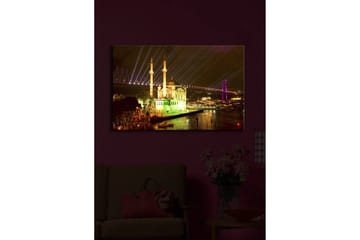 Lerretsbilde med LED-belysning 45x70 cm - Nattlig bybilde med en opplyst moské og broer - Grønn / Lilla / Gul - Interiør - Maleri & posters - Lerretsbilder