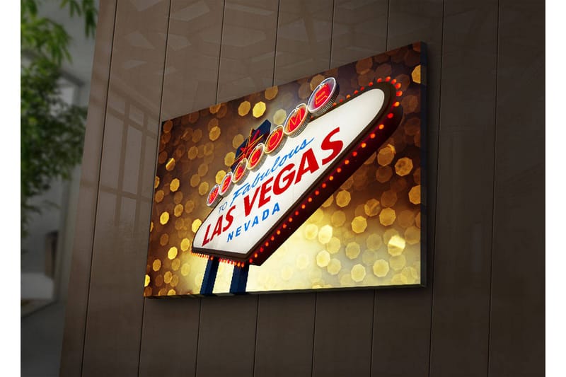 Lerretsbilde med LED-belysning 45x70 cm - Neonlysskilt med teksten LAS VEGAS, Rød / Gull / Blå