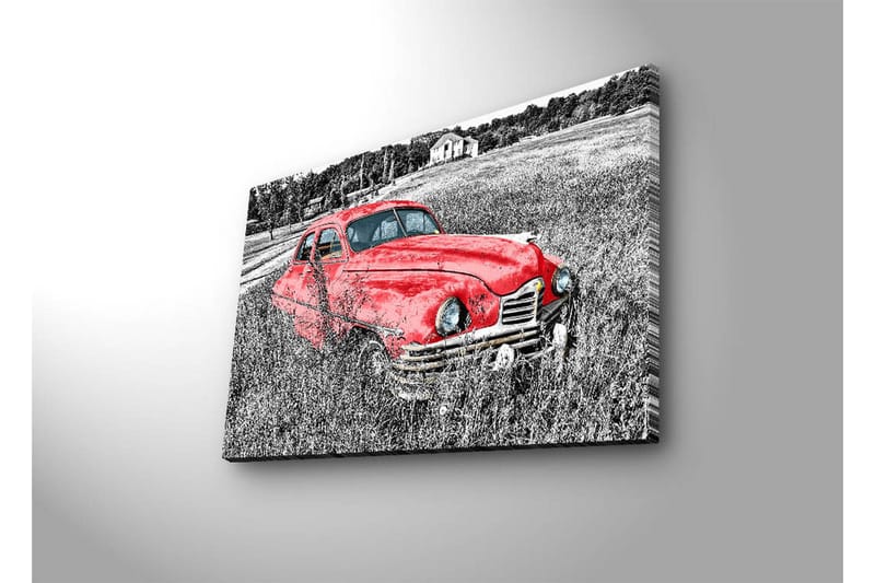 Lerretsbilde med LED-belysning 45x70 cm - Rød veteranbil i en frodig eng - Rød / Svart / Grå - Interiør - Maleri & posters - Lerretsbilder