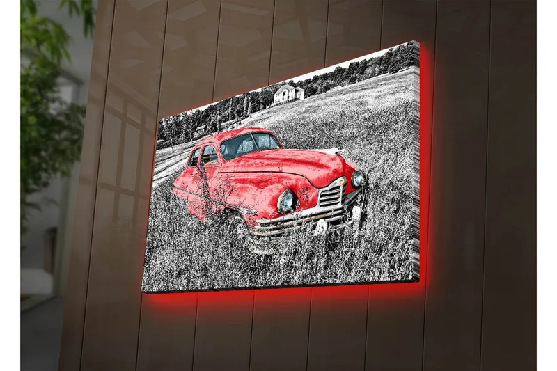 Lerretsbilde med LED-belysning 45x70 cm - Rød veteranbil i en frodig eng - Rød / Svart / Grå - Interiør - Maleri & posters - Lerretsbilder