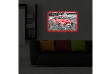 Lerretsbilde med LED-belysning 45x70 cm - Rød veteranbil i en frodig eng - Rød / Svart / Grå - Interiør - Maleri & posters - Lerretsbilder