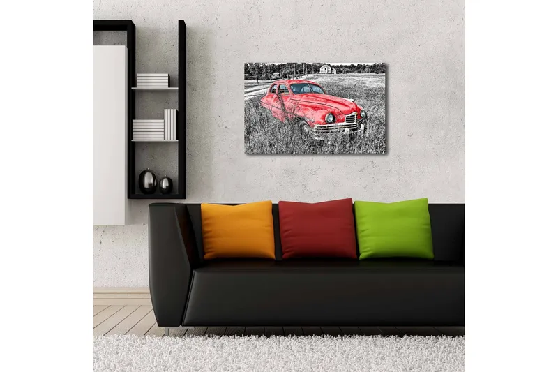 Lerretsbilde med LED-belysning 45x70 cm - Rød veteranbil i en frodig eng - Rød / Svart / Grå - Interiør - Maleri & posters - Lerretsbilder