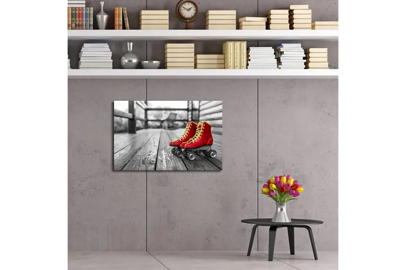 Lerretsbilde med LED-belysning 45x70 cm - Røde skøyter på en trebane - Rød / Gul / Grå - Interiør - Maleri & posters - Lerretsbilder