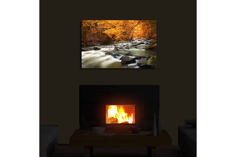 Lerretsbilde med LED-belysning 45x70 cm - Rennende vann omgitt av høstfarget skog - Oransje / Grønn / Svart - Interiør - Maleri & posters - Lerretsbilder