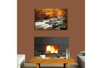 Lerretsbilde med LED-belysning 45x70 cm - Rennende vann omgitt av høstfarget skog - Oransje / Grønn / Svart - Interiør - Maleri & posters - Lerretsbilder