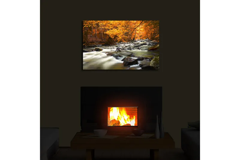 Lerretsbilde med LED-belysning 45x70 cm - Rennende vann omgitt av høstfarget skog - Oransje / Grønn / Svart - Interiør - Maleri & posters - Lerretsbilder